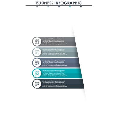 İş verileri, grafik. Grafiğin soyut öğeleri, 5 adımlı diyagram, strateji, seçenekler, parçalar veya süreçler. Sunu için vektör iş şablonu. Bilgi grafiği için yaratıcı konsept.