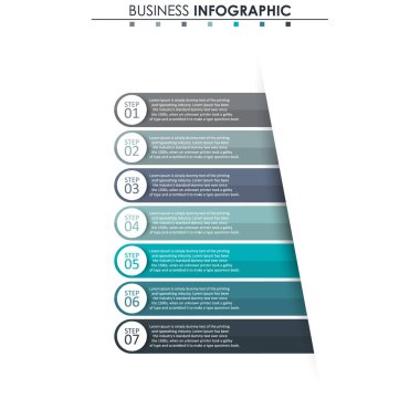 İş verileri, grafik. Grafiğin soyut öğeleri, 7 adımlı diyagram, strateji, seçenekler, parçalar veya süreçler. Sunu için vektör iş şablonu. Bilgi grafiği için yaratıcı konsept.