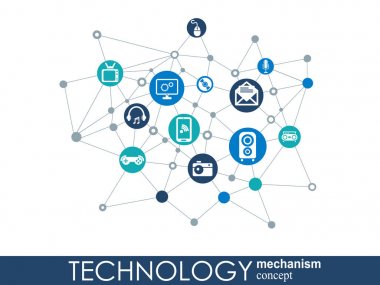Teknoloji mekanizması kavramı. Arka plan entegre ve dijital, strateji, Internet, ağ için simgeler, bağlanmak, iletişim, sosyal medya ve genel kavramlar. Vektör Infographic.