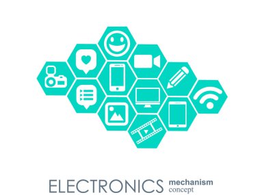 Elektronik mekanizma. Arka plan bağlı ve tümleşik düz simgeler. Bağlı sembolleri Monitor, telefon. Etkileşimli vektör çizim.