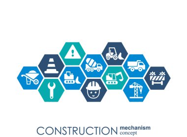 İnşaat ağ. Altıgen arka plan çizgileri, çokgenler ve tümleşik düz simgeler. Sembolleri yapı, sanayi, mimari, mühendislik kavramlar için bağlı. Vektör.