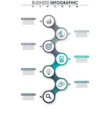 İş verileri, grafik. Grafiğin soyut öğeleri, 7 adımlı diyagram, strateji, seçenekler, parçalar veya süreçler. Sunu için vektör iş şablonu. Bilgi grafiği için yaratıcı konsept.