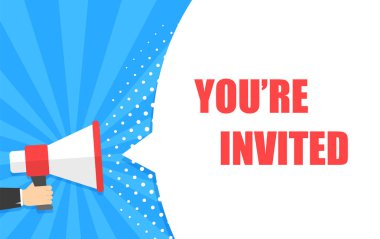 Yanında megafon tutan erkek el, konuşma baloncuğunu davet etti. Hoparlör. Banner iş, pazarlama ve reklam için. Vektör çizimi.