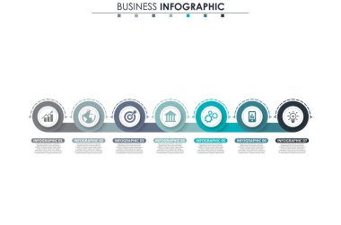 İş verileri, grafik. Grafiğin soyut öğeleri, 7 adımlı diyagram, strateji, seçenekler, parçalar veya süreçler. Sunu için vektör iş şablonu. Bilgi grafiği için yaratıcı konsept.