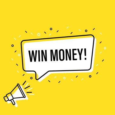 Kazanmak para konuşma balonu ile megafon tutan erkek el. Hoparlör. Banner iş, pazarlama ve reklam için. Vektör çizimi