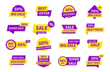Satış etiketleri toplama. Özel teklif, büyük satış, indirim, en iyi fiyat, mega satış afiş seti. Alışveriş veya online alışveriş. Etiket, rozet, kupon, mağaza. Vektör İllüstrasyonu.