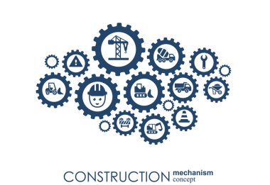 İnşaat ağ. Altıgen arka plan çizgileri, çokgenler ve tümleşik düz simgeler. Sembolleri yapı, sanayi, mimari, mühendislik kavramlar için bağlı. Vektör.
