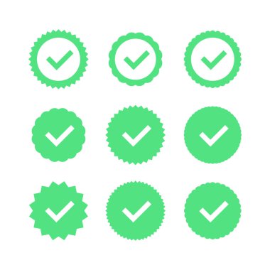 Onaylanmış simgesi. Profil doğrulama. Rozet kabul. Kalite simgesi. Onay işareti. Kene ile etiket. Vektör çizim.