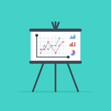 İş sunum panosu. Büyüyen grafik, diyagram ile grafik çevirin. Piyasa veri istatistikleri iş stratejileri ile rapor ekranı. Düz tasarım, arka planda vektör çizimi.