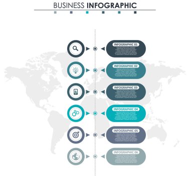 İş verileri, grafik. Grafiğin soyut öğeleri, 6 adımlı diyagram, strateji, seçenekler, parçalar veya süreçler. Sunu için vektör iş şablonu. Bilgi grafiği için yaratıcı konsept.