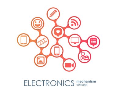 Elektronik mekanizma. Arka plan bağlı ve tümleşik düz simgeler. Bağlı sembolleri Monitor, telefon. Etkileşimli vektör çizim.