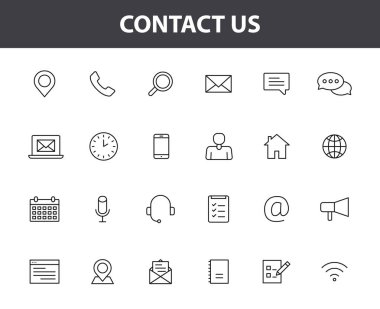 24'ü satır stilinde bize ulaşın web simgelerinden oluşan ayarlayın. Web ve mobil simgesi. Sohbet, destek, mesaj, telefon. Vektör çizimi.