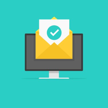 Belge onay işareti yeşil zarf. Başarılı e-posta teslimi, e-posta teslim onayı. Vektör çizim.