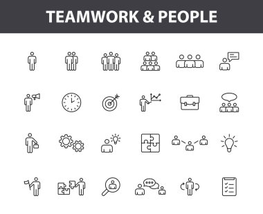 Satır stilinde 24 Teamwork web simgeleri ayarlayın. Takım Çalışması, insanlar, destek, iş. Vektör çizimi.