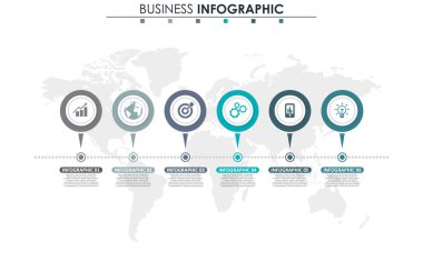 İş verileri, grafik. Grafiğin soyut öğeleri, 6 adımlı diyagram, strateji, seçenekler, parçalar veya süreçler. Sunu için vektör iş şablonu. Bilgi grafiği için yaratıcı konsept.