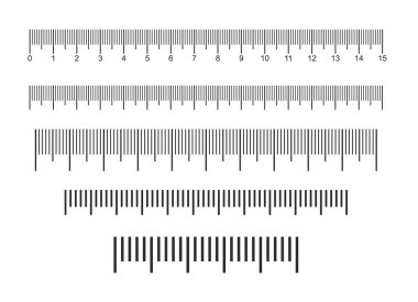 Yaratıcı boyut göstergeleri ayarlanır. Siyah ölçek, cetveller için biçimlendirme. Farklı birim mesafeler. Sanat tasarımı yatay ölçü ölçek mesafeleri. Vektör çizimi.