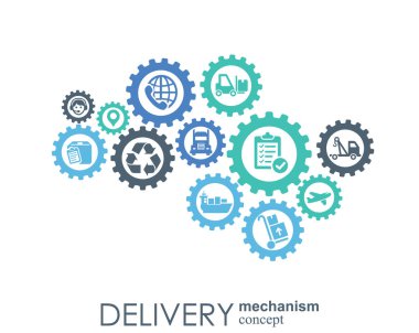 Teslim mekanizması kavramı. Arka plan bağlı ve Lojistik, servis, strateji, nakliye, dağıtım, taşıma, Pazar, için simgeler iletişim kavramları. Vektör etkileşimli.