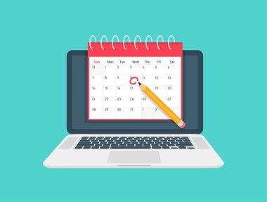 Tarihler ve Tarihler afiş. Takvimli dizüstü bilgisayar. Düz tasarım, arka planda vektör çizimi.