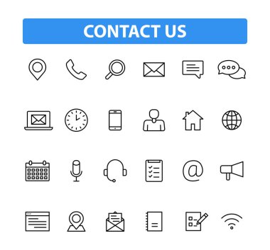 24'ü satır stilinde bize ulaşın web simgelerinden oluşan ayarlayın. Web ve mobil simgesi. Sohbet, destek, mesaj, telefon. Vektör çizimi.