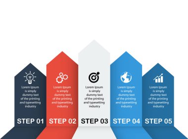 İş verileri, grafik. Grafiğin soyut öğeleri, 5 adımlı diyagram, strateji, seçenekler, parçalar veya süreçler. Sunu için vektör iş şablonu. Bilgi grafiği için yaratıcı konsept.