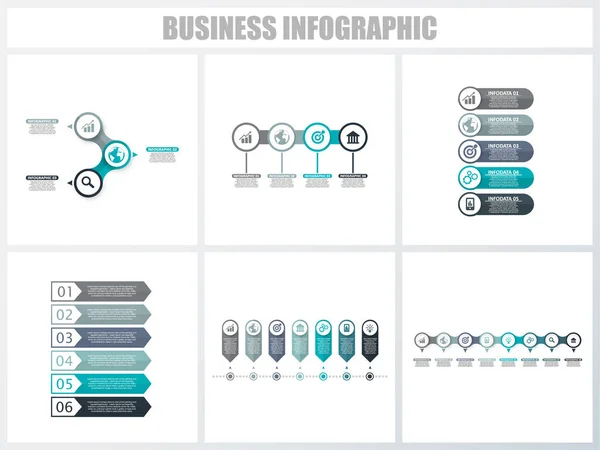 Infográficos abstratos opções de número modelo 3, 4, 5, 6, 7, 8. Ilustração vetorial. Pode ser usado para layout de fluxo de trabalho, diagrama, opções de passo de negócios de estratégia, banner e conjunto de design web . — Vetor de Stock