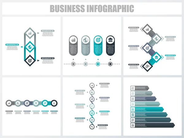 Infográficos abstratos opções de número modelo 3, 4, 5, 6, 7, 8. Ilustração vetorial. Pode ser usado para layout de fluxo de trabalho, diagrama, opções de passo de negócios de estratégia, banner e conjunto de design web . — Vetor de Stock