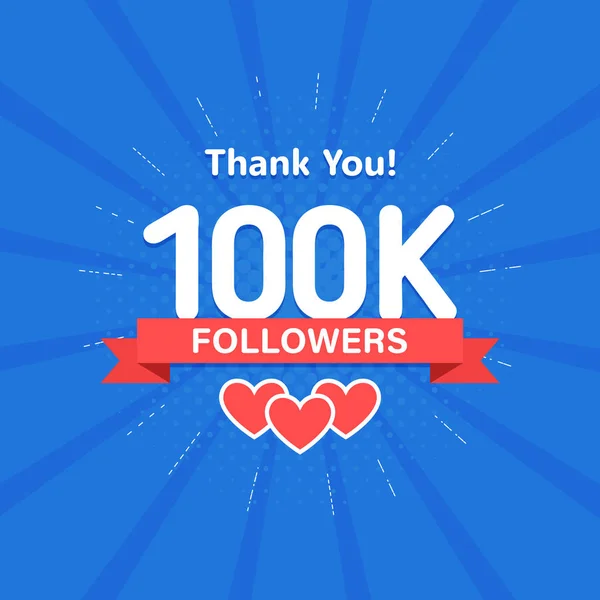 Thank you 100000 or 100k followers. Congratulation card. Web Social media concept. Blogger celebrates a many large number of subscribers. — Stock Vector