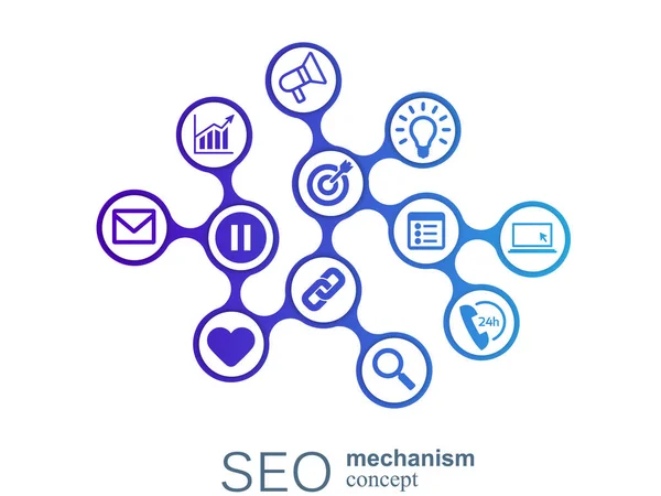 Seo-Mechanismus-Konzept. abstrakter Hintergrund mit integrierten Zahnrädern und Symbolen für Strategie, Digital, Internet, Netzwerk, Connect, Analytics, Social Media und globale Konzepte. — Stockvektor