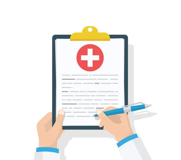 Doctor hold clipboard and takes notes on it. Medical report. Checklist. Flat design, vector illustration on background. Best quality. — Stock Vector