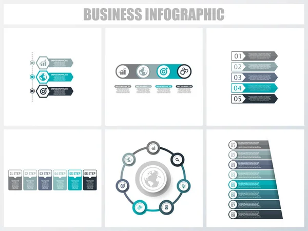 Infográficos abstratos opções de número modelo 3, 4, 5, 6, 7, 8. Ilustração vetorial. Pode ser usado para layout de fluxo de trabalho, diagrama, opções de passo de negócios de estratégia, banner e conjunto de design web . — Vetor de Stock