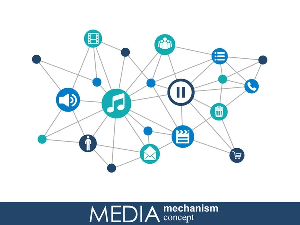 Концепція медіа-механізму. Зростання абстрактного фону з інтегрованими мета-кулями, інтегрована піктограма для цифрових, стратегій, Інтернету, мережі, зв'язку, комунікації, технологій, глобальних концепцій . — стоковий вектор