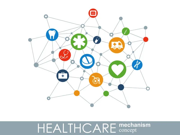 Konzept für Gesundheitsmechanismen. abstrakter Hintergrund mit vernetzten Zahnrädern und Symbolen für Medizin, Gesundheit, Strategie, Pflege, Medizin, Netzwerk, soziale Medien und globale Konzepte. Vektor-Infografik. — Stockvektor