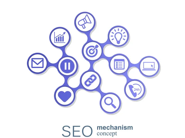 Seo 메커니즘 개념입니다. 추상적인 배경 통합된 기어와 전략, 디지털에 대 한 아이콘, 인터넷, 네트워크, 연결, 분석, 소셜 미디어 및 글로벌 개념. — 스톡 벡터