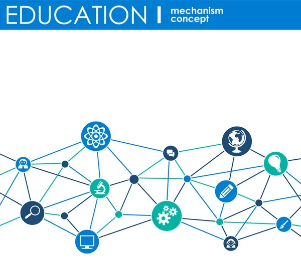 Réseau d'éducation. Fond abstrait hexagonal avec lignes, polygones, et intégrer des icônes plates. Symboles connectés pour l'apprentissage en ligne, la connaissance, l'apprentissage et les concepts globaux. Illustration vectorielle interactive . — Image vectorielle