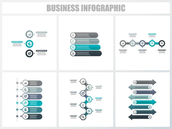 Infográficos abstratos opções de número modelo 3, 4, 5, 6, 7, 8. Ilustração vetorial. Pode ser usado para layout de fluxo de trabalho, diagrama, opções de passo de negócios de estratégia, banner e conjunto de design web . — Vetor de Stock