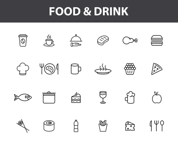 Sıraya dizilmiş 24 yiyecek ve içecek ikonu seti. Kahve, su, yemek, restoran, fast food. Vektör illüstrasyonu. — Stok Vektör