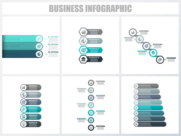 Infográficos abstratos opções de número modelo 3, 4, 5, 6, 7, 8. Ilustração vetorial. Pode ser usado para layout de fluxo de trabalho, diagrama, opções de passo de negócios de estratégia, banner e conjunto de design web . — Vetor de Stock