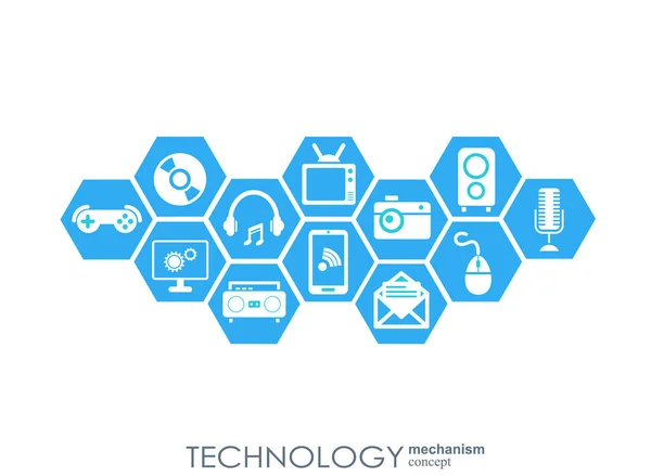 Concepto de mecanismo tecnológico. Antecedentes abstractos con engranajes e iconos integrados para lo digital, estrategia, internet, red, conexión, comunicación, redes sociales y conceptos globales. Infografía vectorial . — Vector de stock