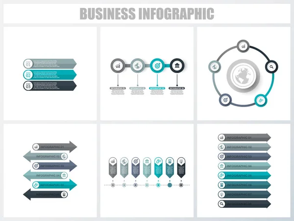 Infográficos abstratos opções de número modelo 3, 4, 5, 6, 7, 8. Ilustração vetorial. Pode ser usado para layout de fluxo de trabalho, diagrama, opções de passo de negócios de estratégia, banner e conjunto de design web . — Vetor de Stock