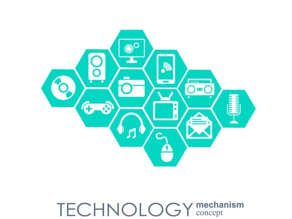 Concetto di meccanismo tecnologico. Sfondo astratto con ingranaggi integrati e icone per digitale, strategia, internet, rete, connettersi, comunicare, social media e concetti globali. Infografica vettoriale . — Vettoriale Stock