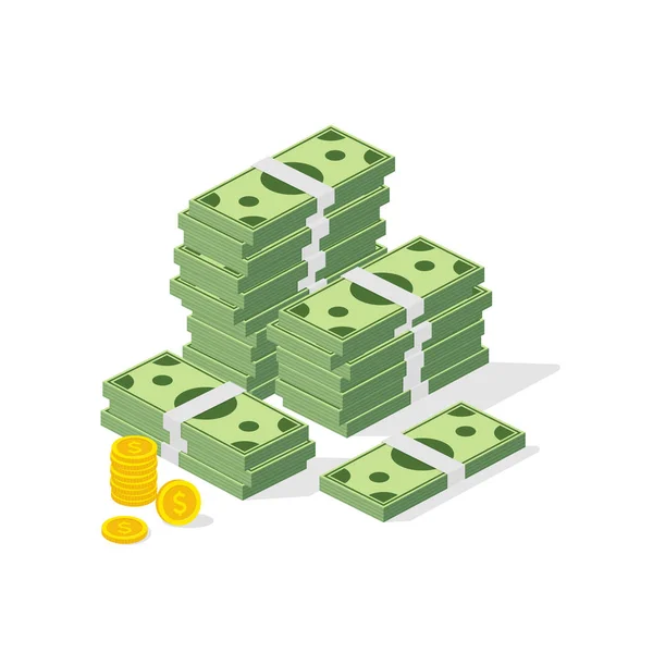 Una gran pila de dinero. Concepto de gran dinero. Cientos de dólares y monedas. Ilustración isométrica vectorial . — Vector de stock