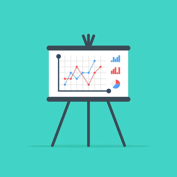 Junta de presentación de negocios. Diagrama de giro con gráfico de crecimiento, diagrama. Informe de pantalla con estadísticas de mercado estrategias de negocio. Diseño plano, ilustración vectorial sobre fondo . — Vector de stock