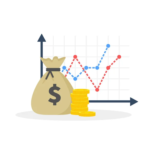 Estratégia de aumento de renda, alto retorno financeiro sobre o investimento, captação de fundos, crescimento de receita, taxa de juros, parcela de empréstimo, dinheiro de crédito, saldo orçamental. Design plano, ilustração vetorial em backgrou — Vetor de Stock