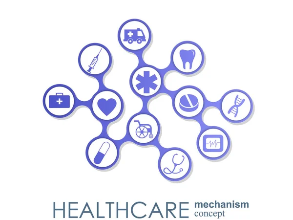 医疗机制的概念。与连接的齿轮和图标为医疗、 保健、 战略、 护理、 医药、 网络、 社会媒体及全球概念的抽象背景。矢量图. — 图库矢量图片