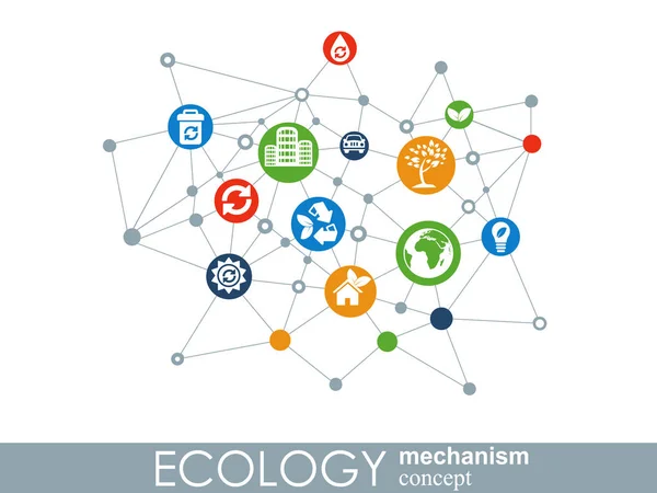 Concepto de mecanismo ecológico. Antecedentes abstractos con engranajes e iconos conectados para conceptos ecológicos, energéticos, ambientales, verdes, de reciclaje, biológicos y globales. Ilustración de infografía vectorial . — Vector de stock