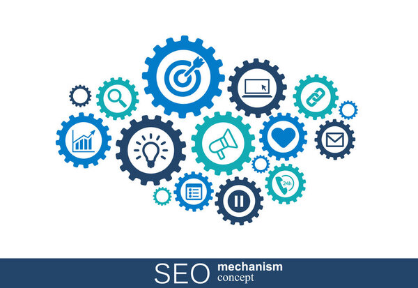 SEO mechanism concept. Abstract background with integrated gears and icons for strategy, digital, internet, network, connect, analytics, social media and global concepts.