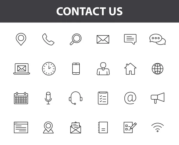 Set di 24 icone web Contattaci in stile linea. Icona web e mobile. Chiacchierare, sostenere, messaggio, telefono. Illustrazione vettoriale . — Vettoriale Stock