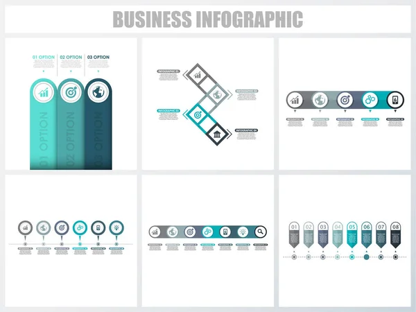 Infográficos abstratos opções de número modelo 3, 4, 5, 6, 7, 8. Ilustração vetorial. Pode ser usado para layout de fluxo de trabalho, diagrama, opções de passo de negócios de estratégia, banner e conjunto de design web . — Vetor de Stock