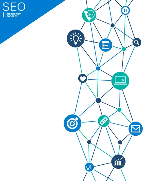 Seo-Mechanismus-Konzept. abstrakter Hintergrund mit integrierten Zahnrädern und Symbolen für Strategie, Digital, Internet, Netzwerk, Connect, Analytics, Social Media und globale Konzepte. — Stockvektor