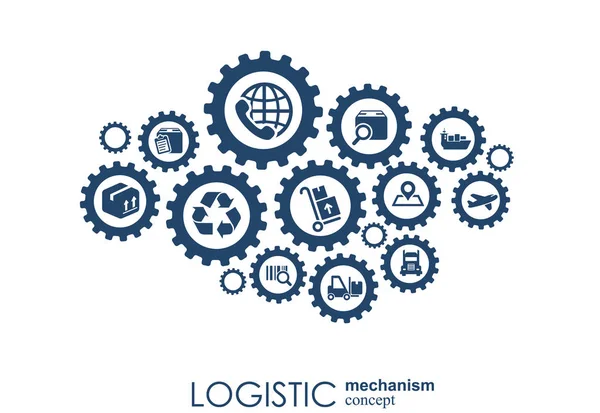 Conceito do mecanismo LOGISTIC. distribuição, entrega, serviço, transporte, logística, transporte, conceitos de mercado. Fundo abstrato com objetos conectados. Ilustração vetorial . — Vetor de Stock